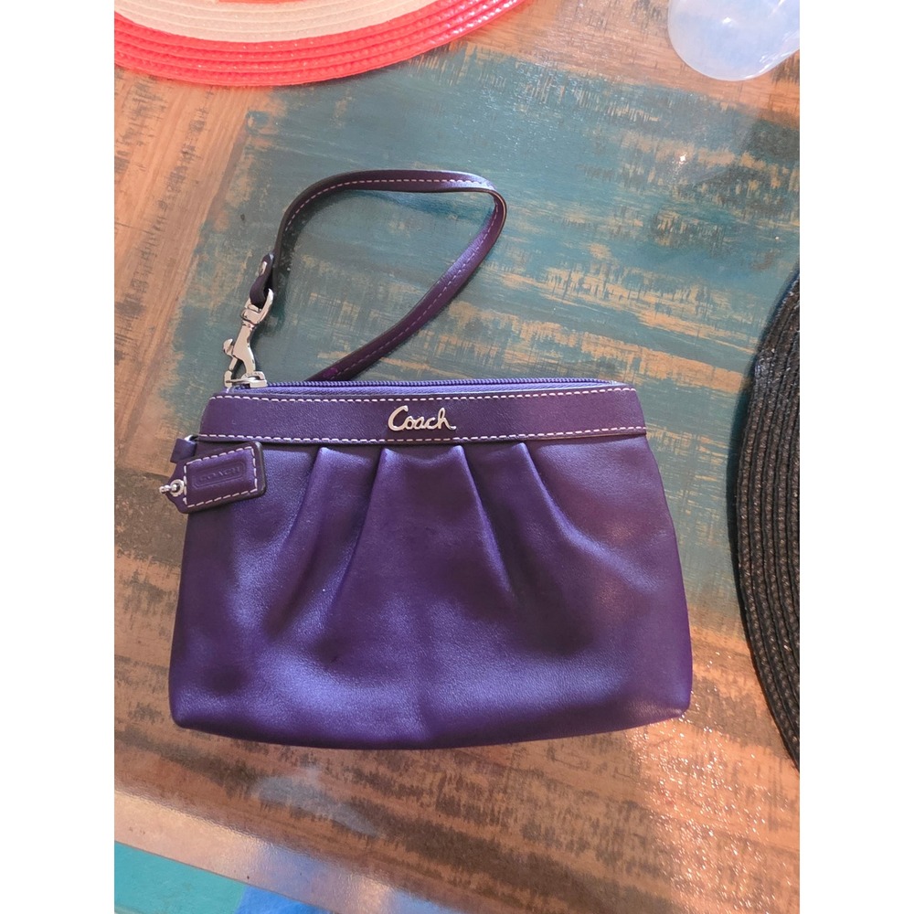 Coach Purple Leather Pleated Wristlet Pouch Bag with Silver Hardware